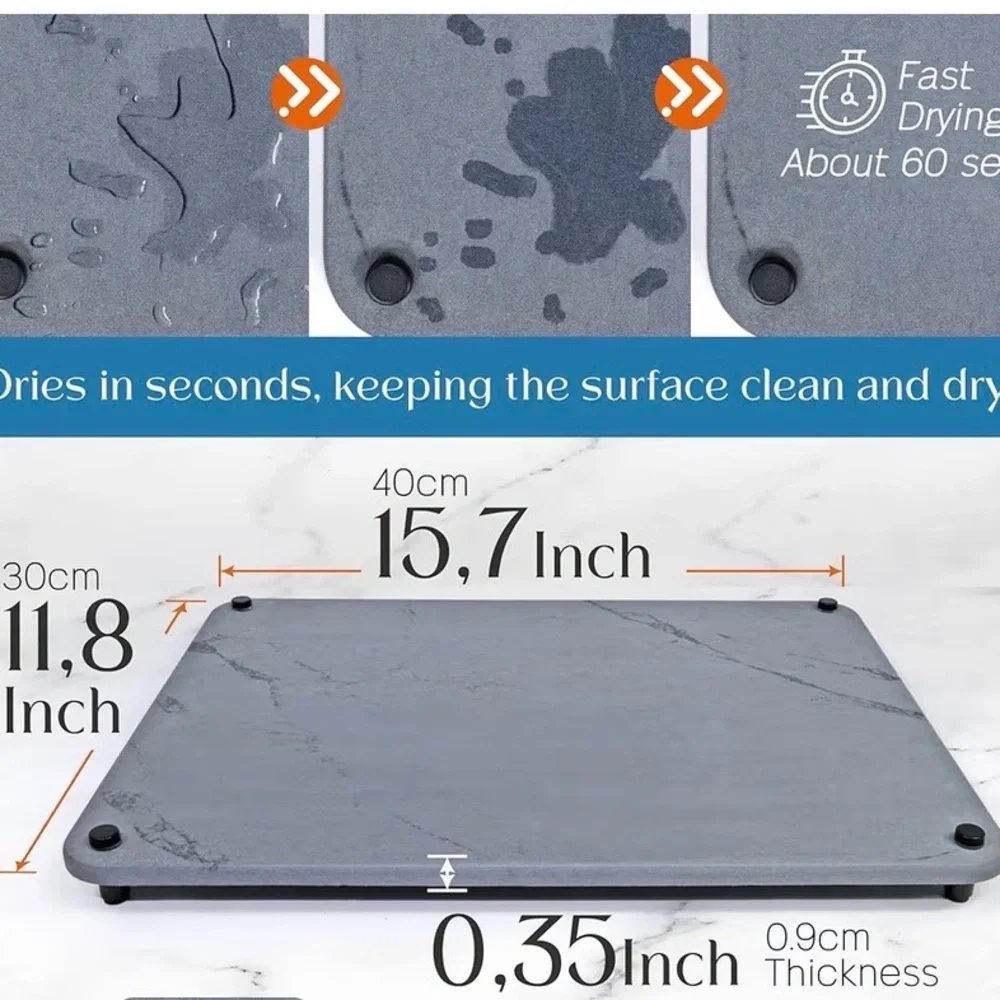 TEMOA Drying Stone Drying Mat for Kitchen Counter -15.7X11.8” Gray Marble